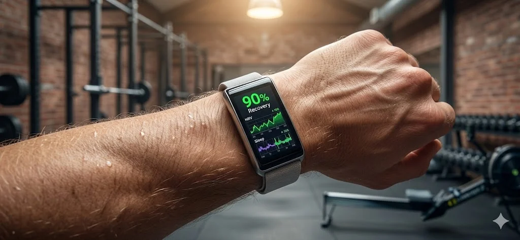 Atleta revisando su puntuación de recuperación y VFC (HRV) al 90% en un smartwatch dentro de un gimnasio de halterofilia