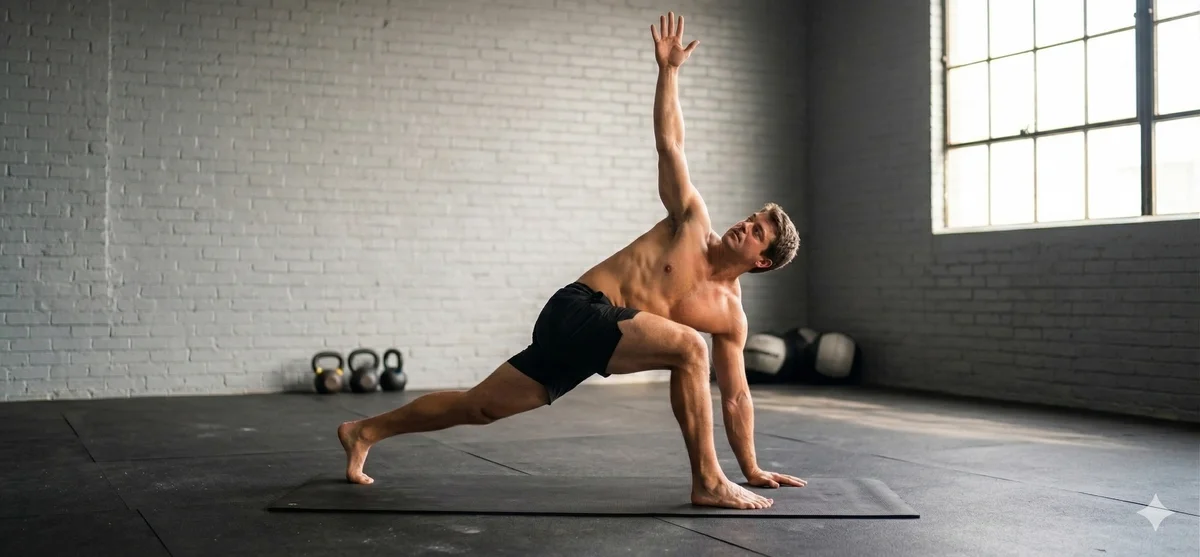 Atleta masculino ejecutando el World's Greatest Stretch en un box de CrossFit como parte de un flujo de movilidad y recuperación activa