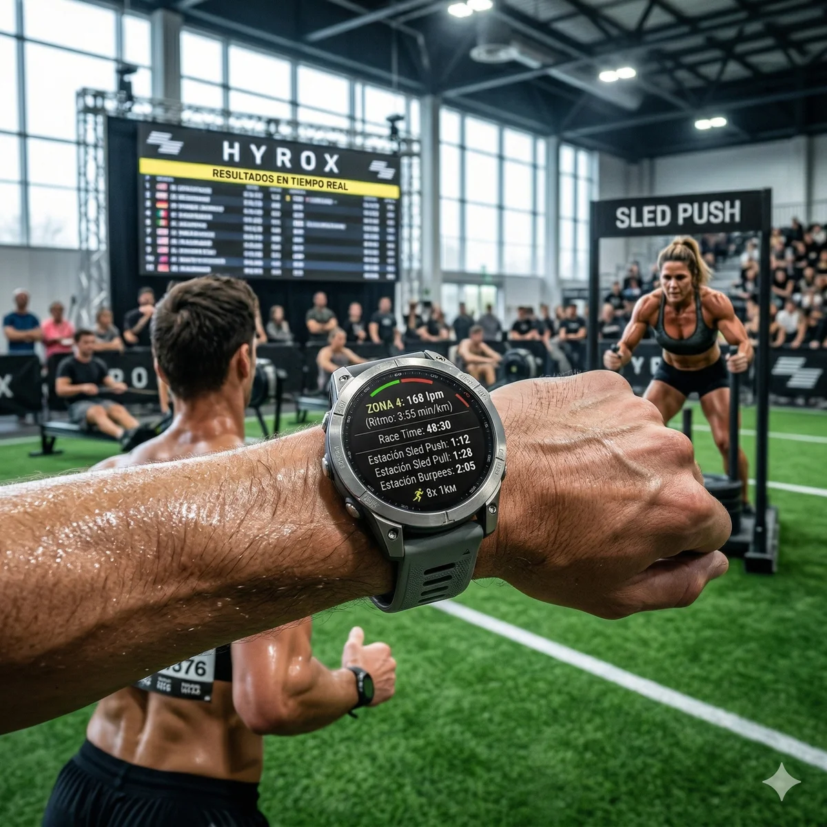 Primer plano de reloj GPS con métricas HRV y zonas de frecuencia cardíaca durante una competencia HYROX 2026, atleta en Sled Push al fondo