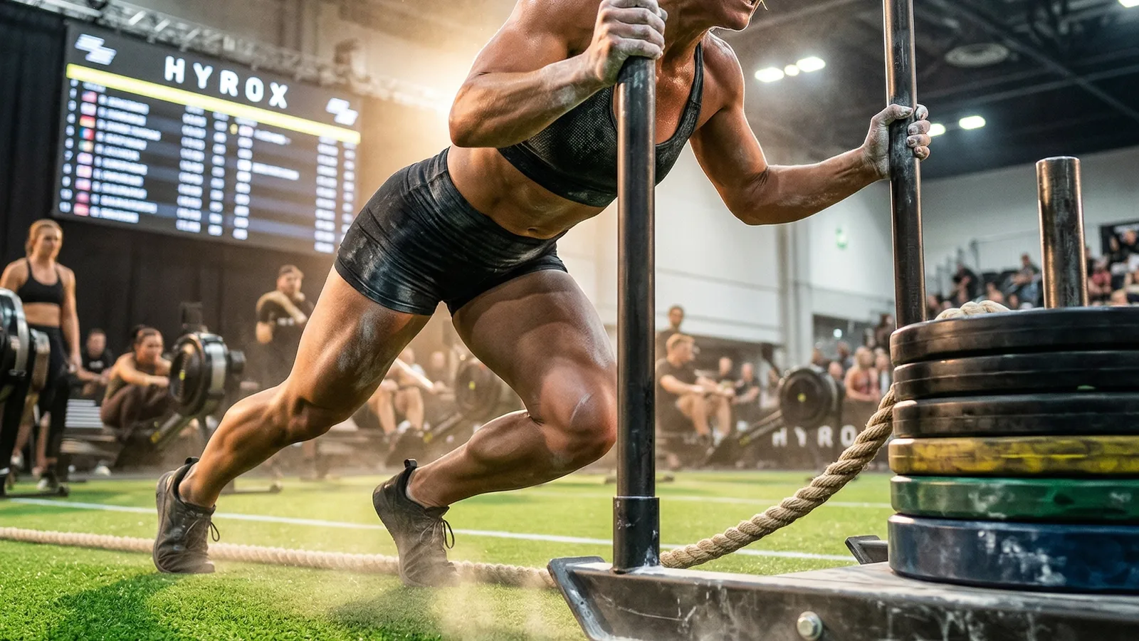 Atleta femenina ejecutando Sled Push en competencia HYROX 2026, con marcador de resultados al fondo