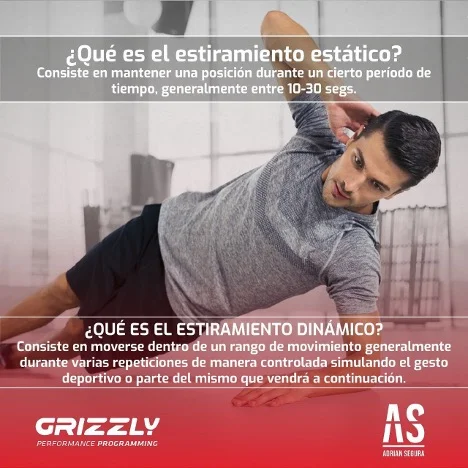 Infografía que explica la diferencia entre estiramiento estático y estiramiento dinámico: el estático mantiene una posición 10-30 segundos; el dinámico se mueve dentro del rango simulando el gesto deportivo