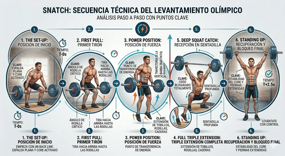 Infografía con las 6 fases del snatch olímpico: setup, primer tirón, power position, extensión triple, turnover y recepción en sentadilla