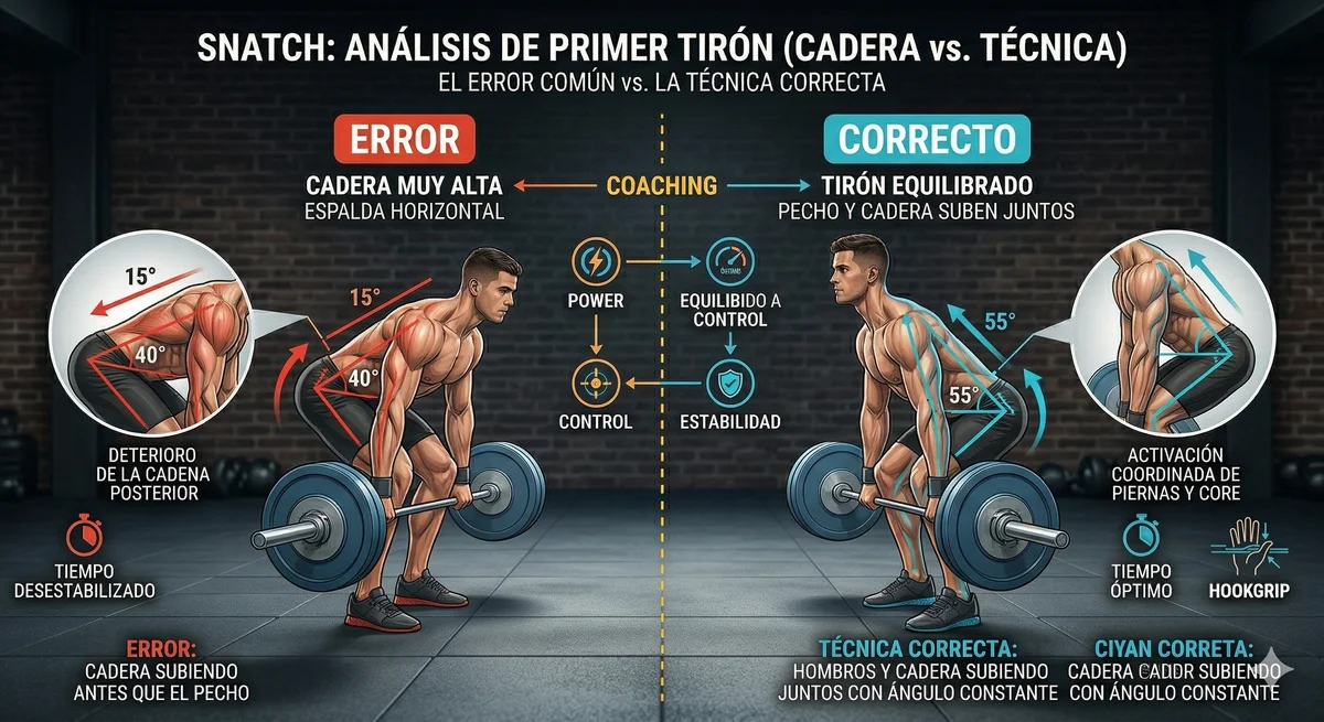 Comparativa del primer tirón en el snatch: error de cadera alta (espalda horizontal) vs técnica correcta con hombros y cadera subiendo juntos