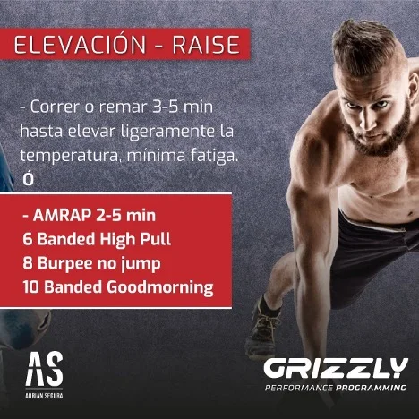 Infografía de la fase de Elevación (Raise) del protocolo RAMP para CrossFit: correr o remar 3-5 min y AMRAP con banded exercises