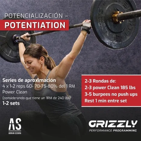 Infografía de la fase de Potencialización (Potentiation) del protocolo RAMP: series de aproximación y PAP con Power Clean para CrossFit